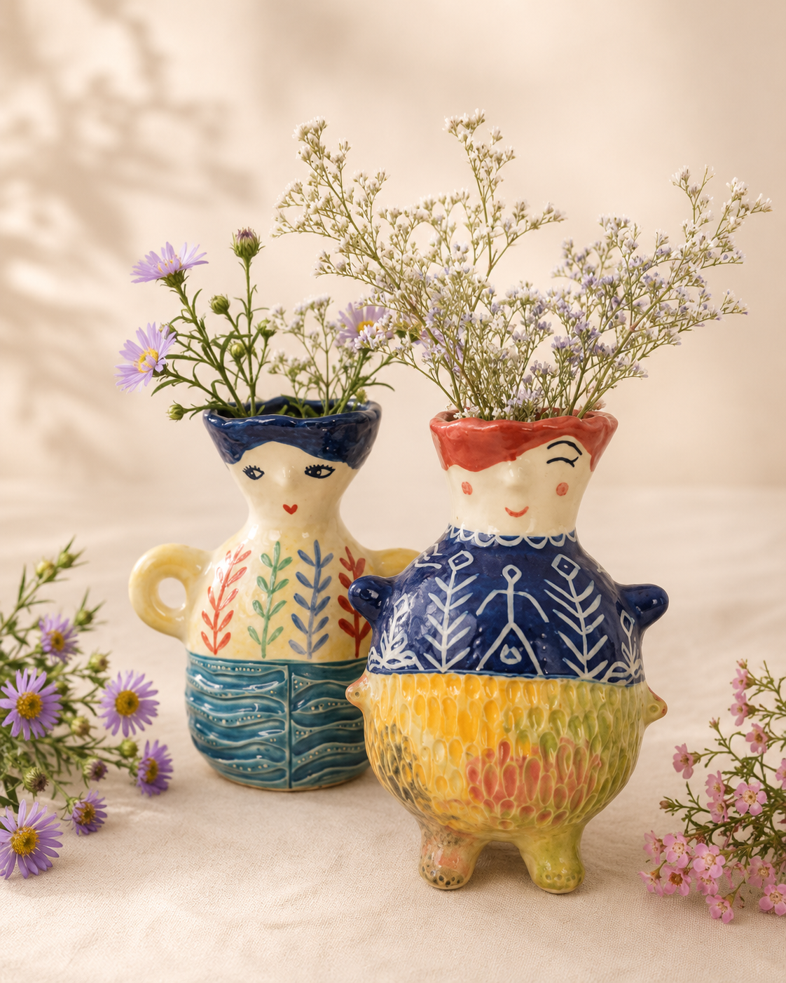 Two handmade ceramic guardians holding flowers